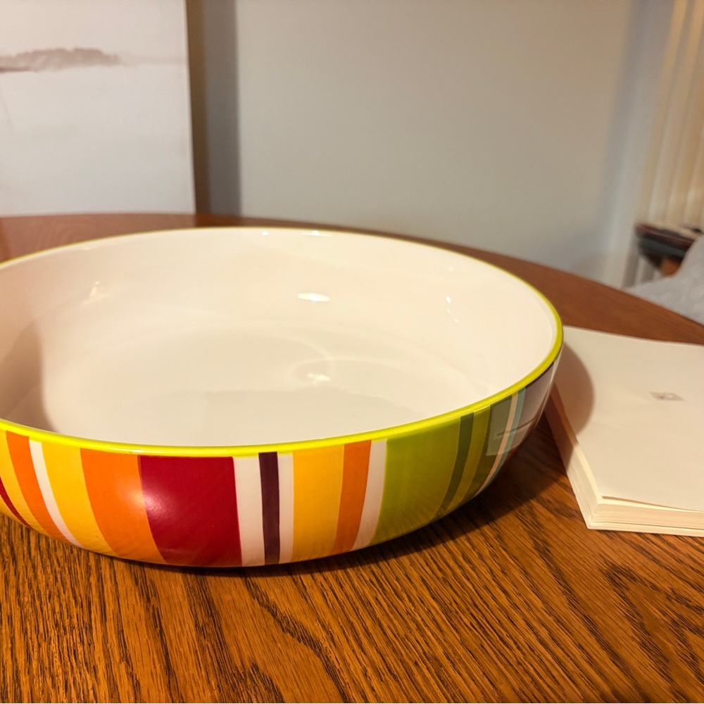 Colorful Striped Ceramic Serving Bowl - White Interior, Multicolor Exterior